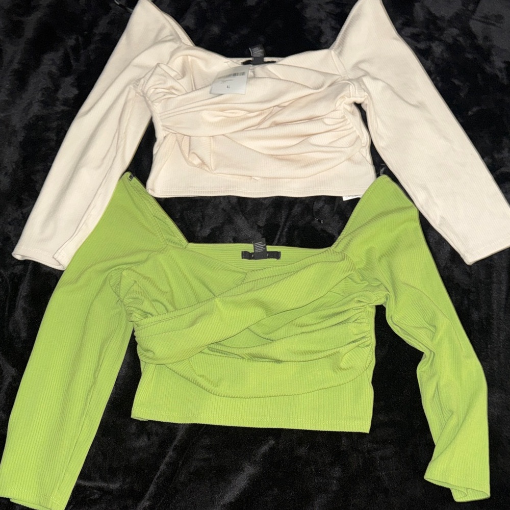Forever 21 Off-Shoulder Ribbed Crop Tops in Cream & Lime 🥥🍋‍🟩